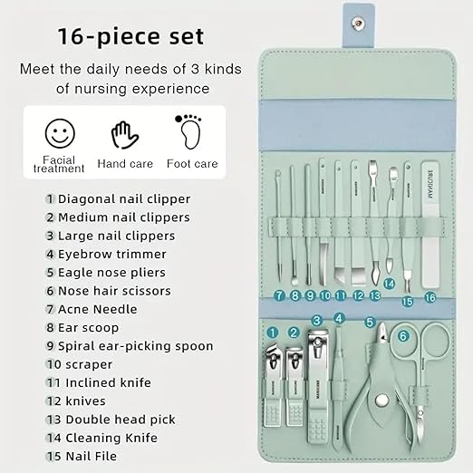 Stainless Steel Manicure & Pedicure Kit – 16-Piece Nail Grooming Set with Clippers, Cuticle Trimmer & Travel Case – Professional Nail Care for Men & Women (Multi-Colour) (16 IN 1 MENICURE KIT)